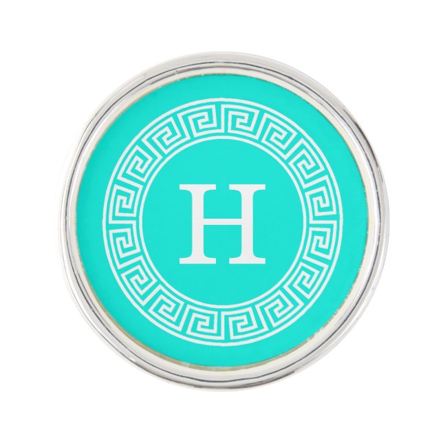 Brt Aqua Wht Greek Key Rnd Frame Initial Monogram Pin (Front)