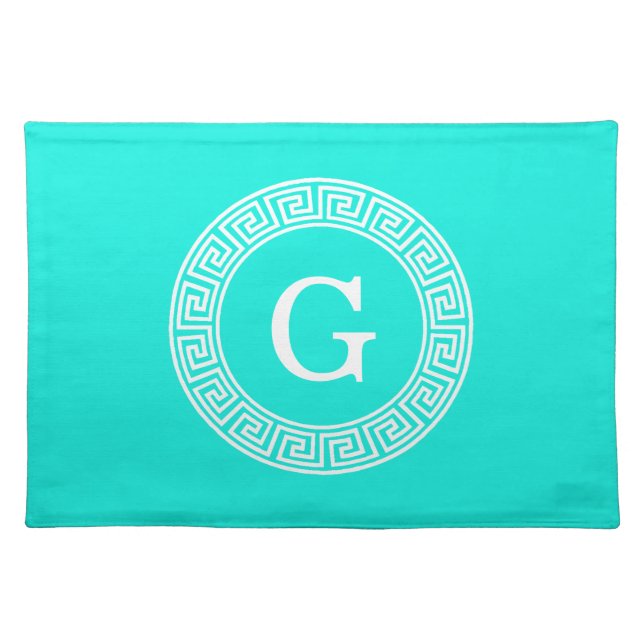 Brt Aqua Wht Greek Key Rnd Frame Initial Monogram Placemat (Front)