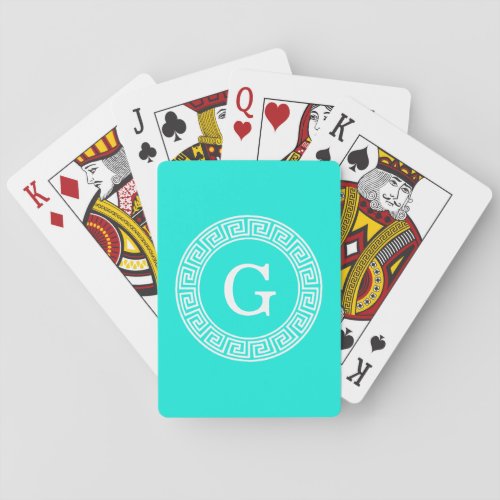Brt Aqua Wht Greek Key Rnd Frame Initial Monogram Poker Cards