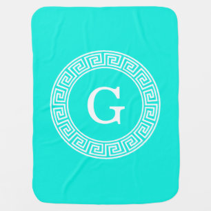 Brt Aqua Wht Greek Key Rnd Frame Initial Monogram Receiving Blanket
