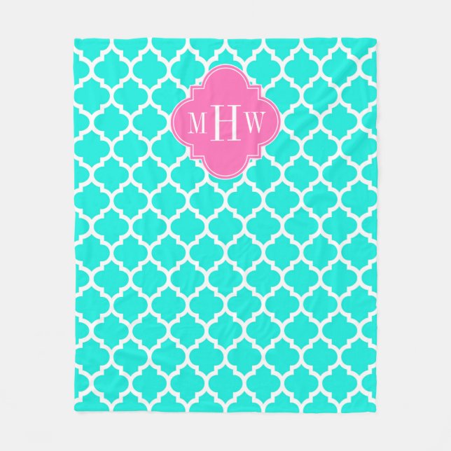 Brt Aqua Wht Moroccan #5 HotPink2 Initial Monogram Fleece Blanket (Front)