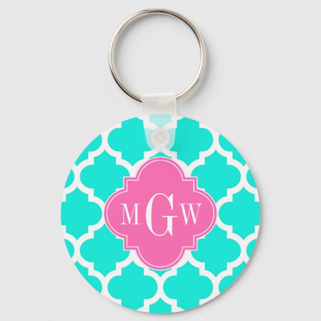 Brt Aqua Wht Moroccan #5 HotPink2 Initial Monogram Keychain (Front)