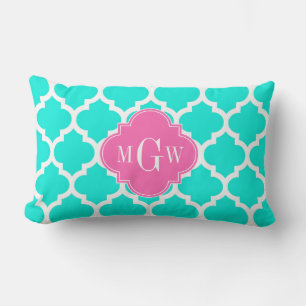 Brt Aqua Wht Moroccan #5 HotPink2 Initial Monogram Lumbar Pillow