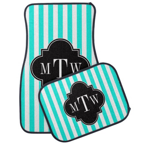 Brt Aqua Wht Stripe Black Quatrefoil 3 Monogram Car Mat