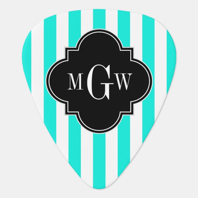 Brt Aqua Wht Stripe Black Quatrefoil 3 Monogram Guitar Pick (Front)