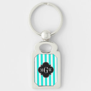 Brt Aqua Wht Stripe Black Quatrefoil 3 Monogram Keychain