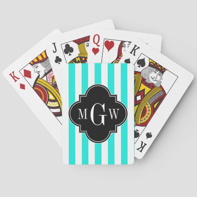 Brt Aqua Wht Stripe Black Quatrefoil 3 Monogram Poker Cards (Back)