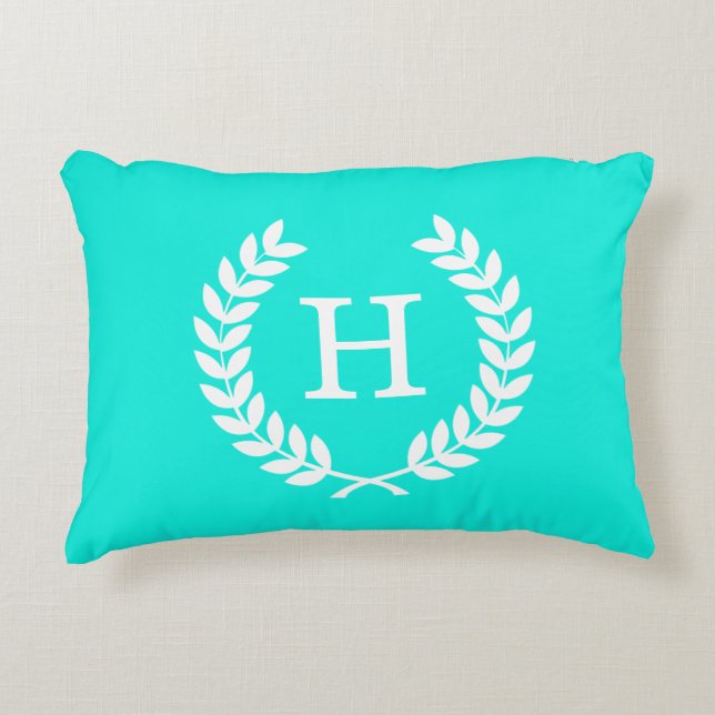 Brt Aqua Wht Wheat Laurel Wreath Initial Monogram Accent Pillow (Front)