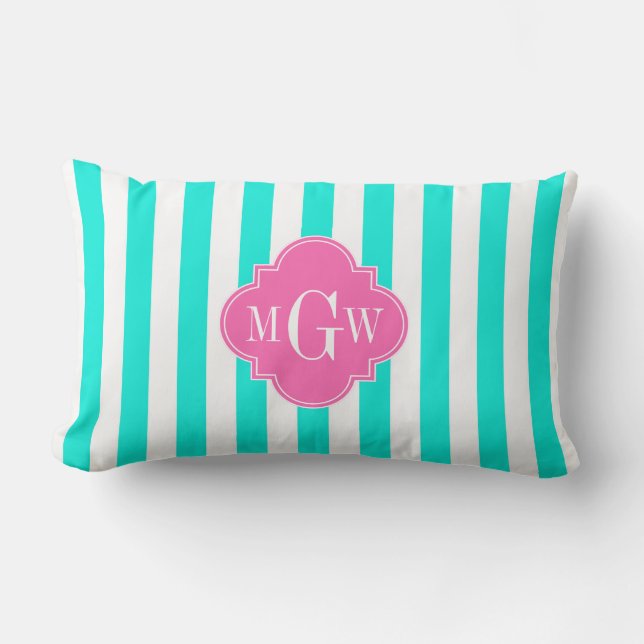 Brt Aqua Wt Stripe HotPink#2 Quatrefoil 3 Monogram Lumbar Pillow (Front)