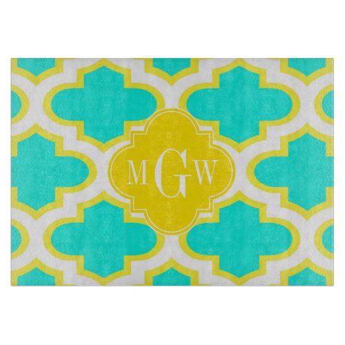 Brt Aqua Yellow Wht Quatrefoil 3 Initial Monogram Cutting Board