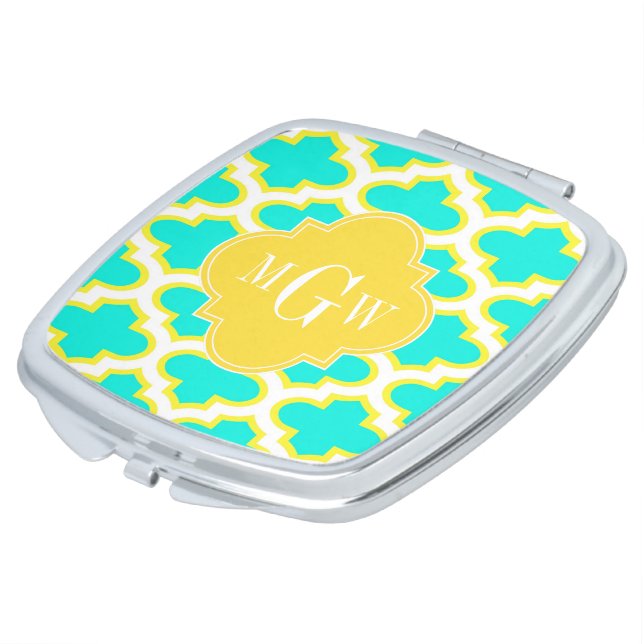 Brt Aqua Yellow Wht Quatrefoil 3 Initial Monogram Makeup Mirror (Turned)