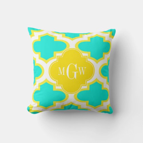 Brt Aqua Yellow Wht Quatrefoil 3 Initial Monogram Throw Pillow