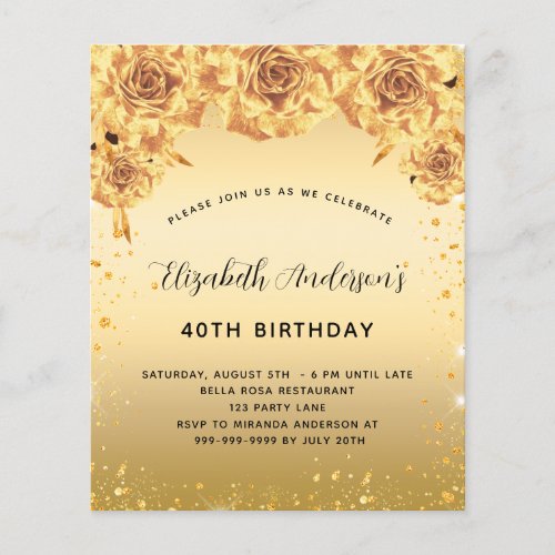 Brthday party gold roses floral budget invitation flyer