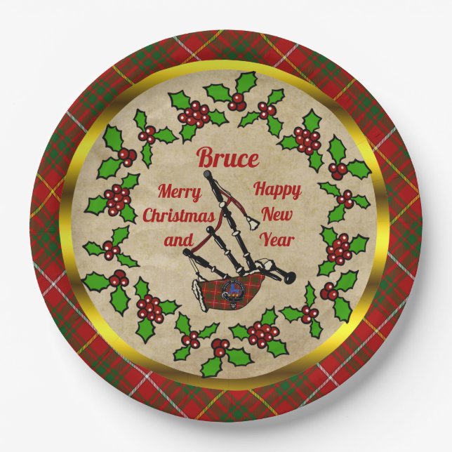 Bruce Tartan Bagpipe Holiday Paper Plates (Front)