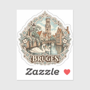Bruges Belfry Canal Swans Belgian Lace Travel Art Sticker