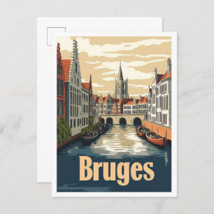 Bruges Belgium Art Vintage Travel Illustration Postcard