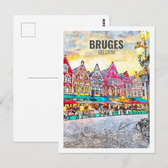 Bruges Belgium Famous Travel Watercolor Sketch Postcard (Front/Back)