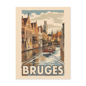 Bruges Belgium Illustration Travel Art Vintage Postcard