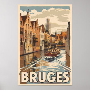Bruges Belgium Illustration Travel Art Vintage Poster