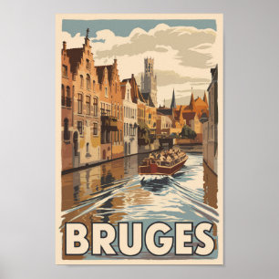 Bruges Belgium Illustration Travel Art Vintage Poster