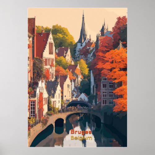 Bruges Belgium Vintage Travel Art Retro  Poster