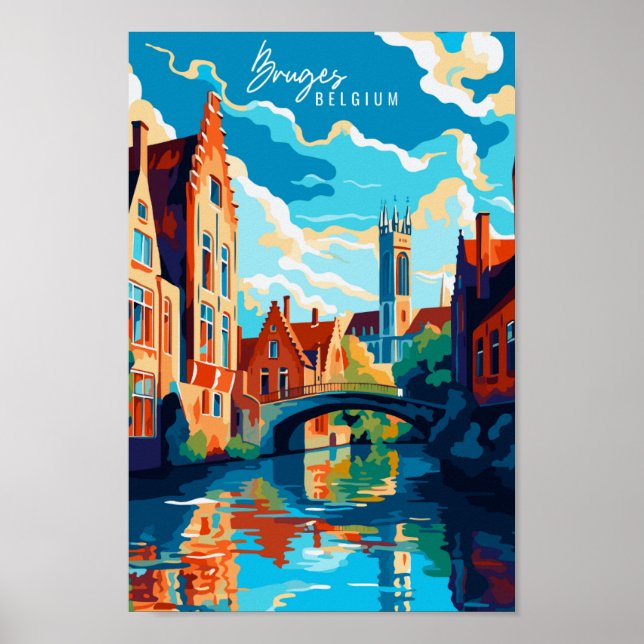 Bruges Belgium vintage travel illustration Poster (Front)