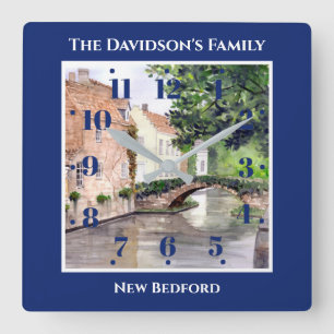 Bruges Belgium Watercolor Blue Square Frame Square Wall Clock
