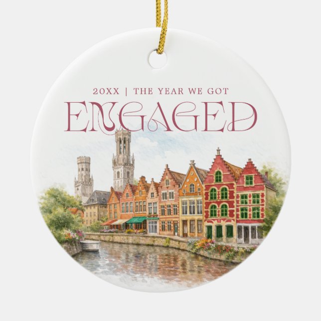 Bruges Belgium Watercolor Engagement Photo Ceramic Ornament (Front)