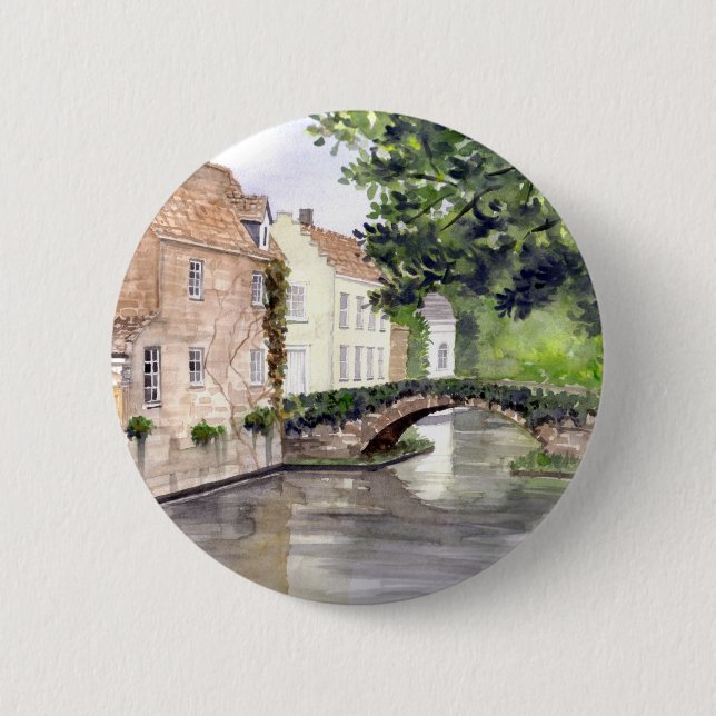 Bruges Watercolor Painting by Farida Greenfield Button (Front)
