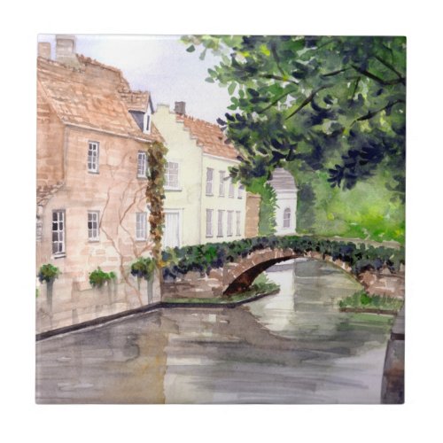 Bruges Watercolor Painting by Farida Greenfield Ceramic Tile