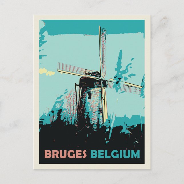 Bruges windmill illustration Belgium Postcard (Front)