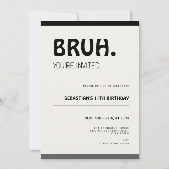 Bruh 11th Birthday Invitation Teens Boy Party (Front)