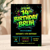 Bruh 14th Birthday Boy Neon Modern Invitation