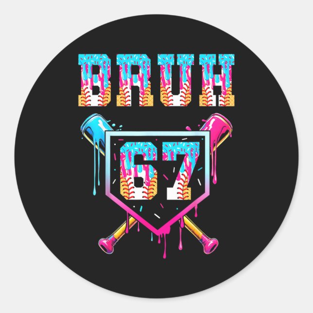 Bruh Baseball Ice Cream Drip Number 67 Player 67th Classic Round Sticker (Front)