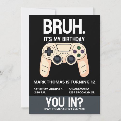 BRUH Birthday Party Arcade Gamer Teen Boy Invitation