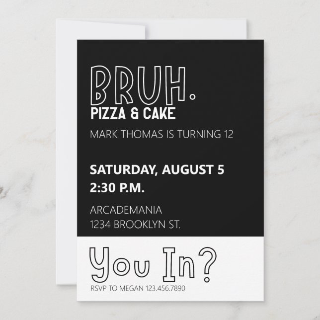 BRUH BIRTHDAY PARTY TEEN BOY BLACK WHITE INVITATION (Front)
