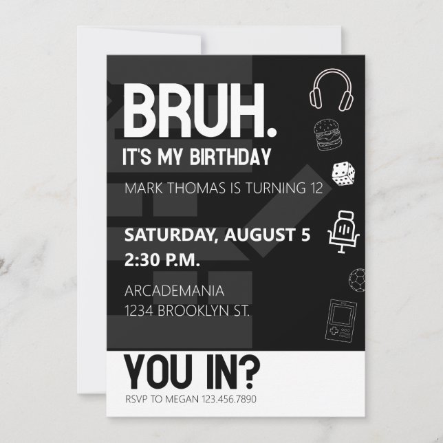 BRUH BIRTHDAY PARTY TEEN BOY BLACK WHITE INVITATION (Front)