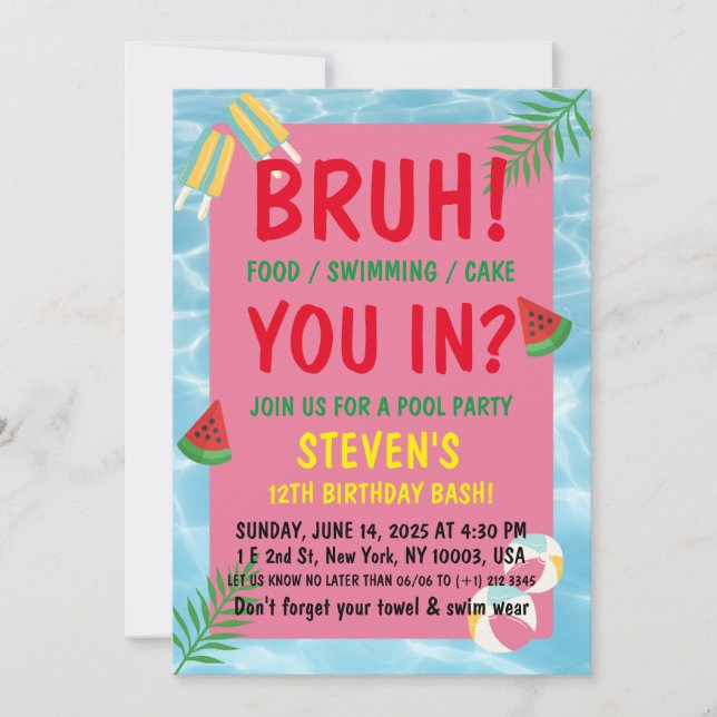 bruh birthday Pool bash Invitation (Front)