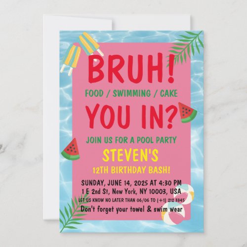 bruh birthday Pool bash Invitation