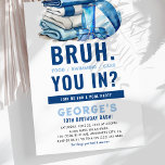 BRUH Blue Pool Party Boy Birthday  Invitation<br><div class="desc">Dive into the coolest party of the year with our 'Bruh' Cool Blue Pool Party Boys Birthday Invitation! This trendy design, featuring a simple white background with a playful 'BRUH. Food, swimming, cake, You In?' heading and navy blue and sky blue watercolor swimming accessories, promises an unforgettable splash of fun....</div>