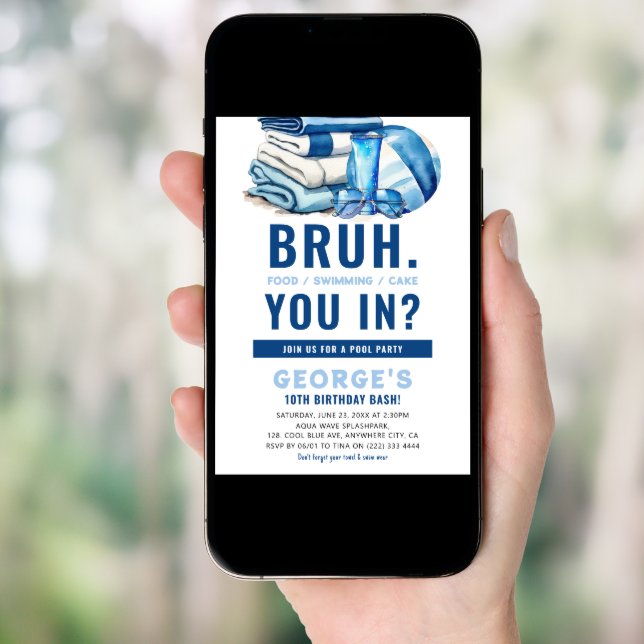 BRUH Blue Pool Party Boy Birthday  Invitation (Front Digital)