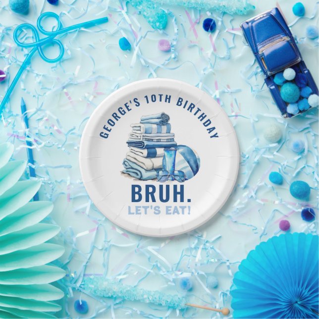 BRUH Blue Pool Party Boy Birthday  Paper Plates (Party)