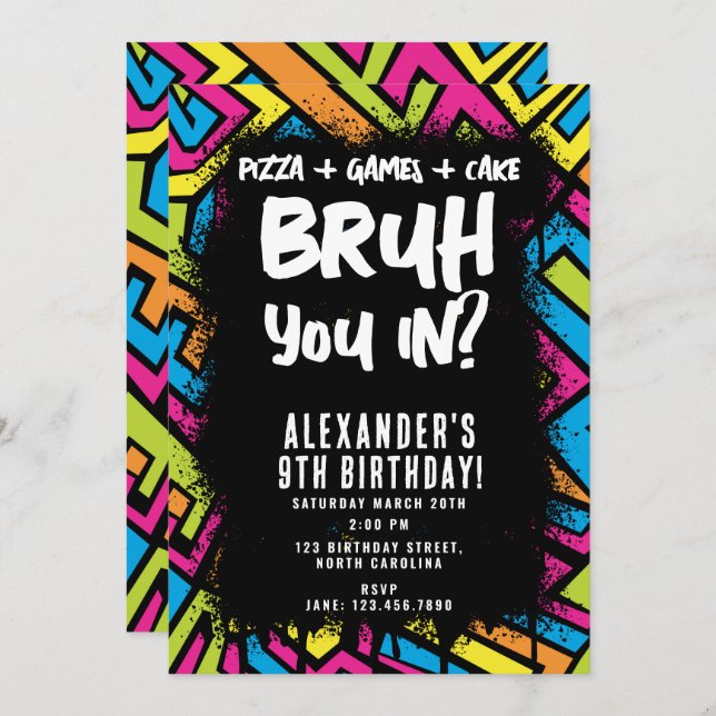 Bruh Boy Colorful Graffiti Street Art Birthday Invitation (Front/Back)