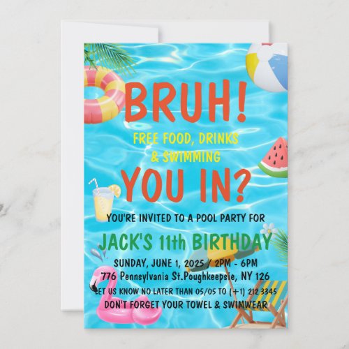 Bruh Boy Pool Party Birthday Invitation