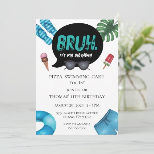 Bruh Boy Pool Party for Teen Tween Invitation