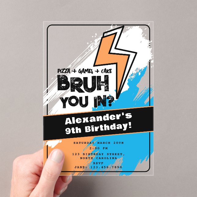 Bruh Boy's Birthday Graffiti Orange Blue Cool Acrylic Invitations (Insitu (Handheld))