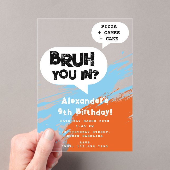 Bruh Boy's Birthday Graffiti Orange Blue Speech  Acrylic Invitations (Insitu (Handheld))