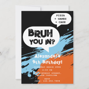 Bruh Boy's Birthday Graffiti Orange Blue Speech  Invitation