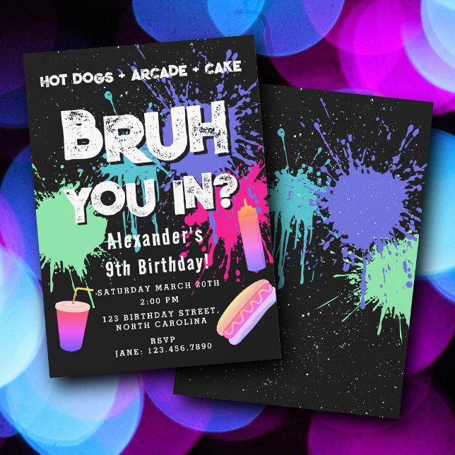 Bruh Boys Birthday Neon Graffiti Teenager Hot Dogs Invitation (Bruh Boys Birthday Neon Graffiti Teenager Hot Dogs Invitation)