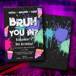 Bruh Boy's Birthday Neon Graffiti Teenager Pizza Invitation